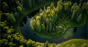 Luftaufnahme einer Flussschleife mit dichtem Wald.