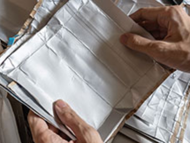 Hände sortieren alte, aufgeschnittene Saftpackungen