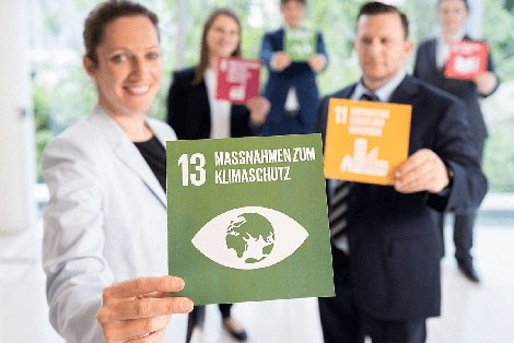 5 Personen halten verschiedenfarbige Schilder in die Luft. Auf dem vorderen steht Maßnahmen zum Klimaschutz, die anderen sind unscharf.