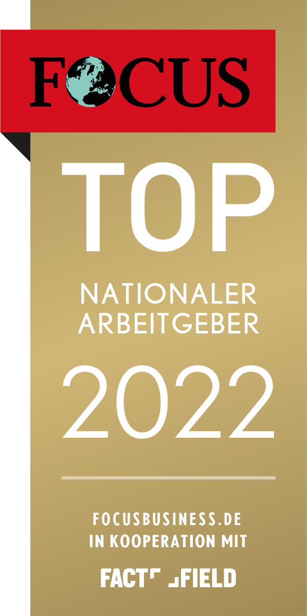 Siegel TOP Nationaler Arbeitgeber 2022 von Focus in Kooperation mit FACT FIELD