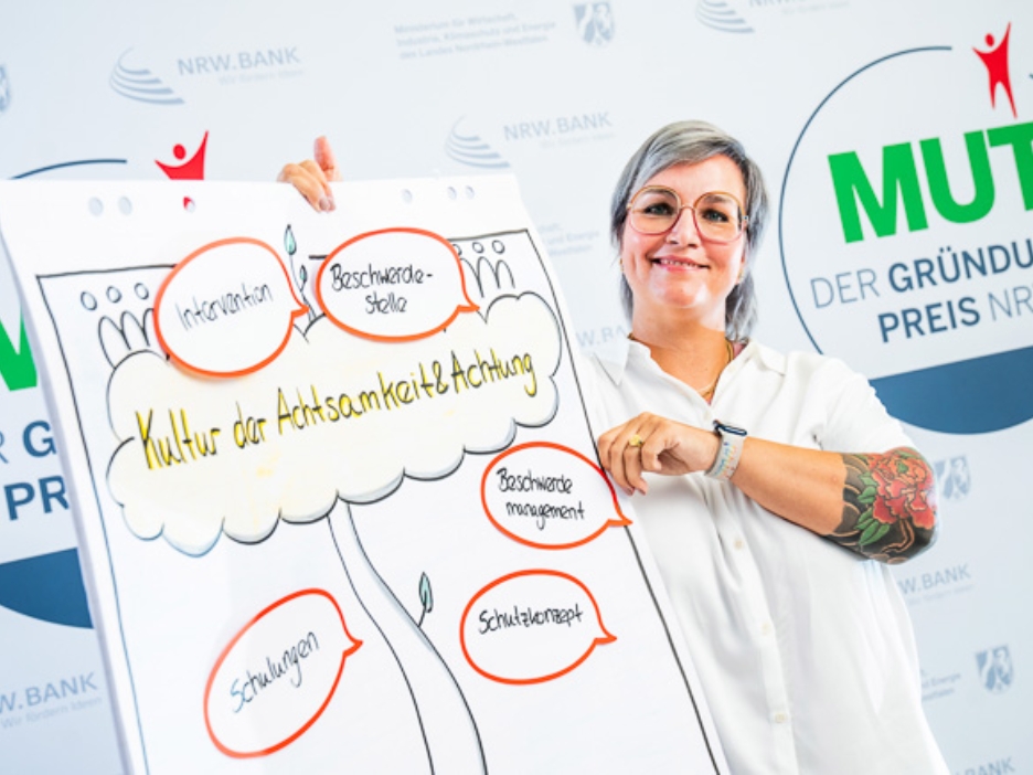 Vera Sadowski von Sicher(l)Ich vor dem MUT - DER GRÜNDUNGSPREIS NRW-Logo