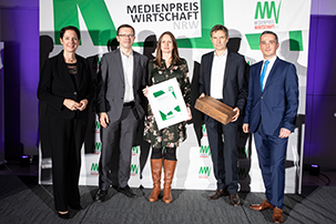 2. Platz Industrie & Großunternehmen: v.l. Silke Gorißen (Ministerin für Landwirtschaft und Verbraucherschutz des Landes Nordrhein-Westfalen), Sönke Iwersen, Ina Karabasz, Volker Votsmeier, Carsten Dierig, Oliver Claas (Heidelberger Druckmaschinen AG)