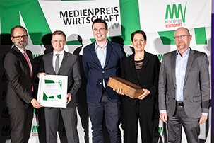 Sonderkategorie Junge Talente: Thomas Grigutsch (Wirtschaftsjunioren NRW), Simon Lanzerath, Luca Bradley, Silke Gorißen (Ministerin für Landwirtschaft und Verbraucherschutz des Landes Nordrhein-Westfalen), Ulrich Ueckerseifer (Jury)