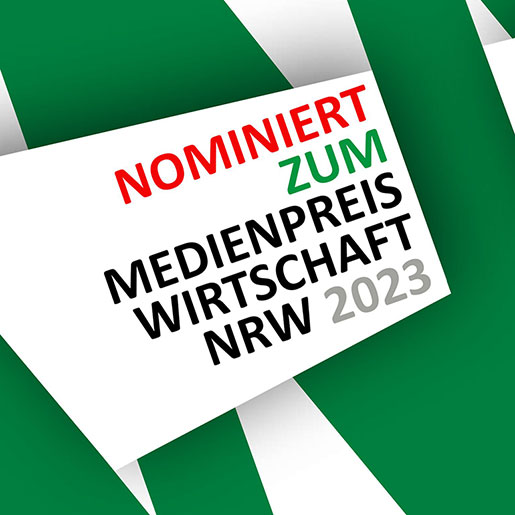 Schriftgrafik: Nominiert zum Medienpreis Wirtschaft NRW 2023