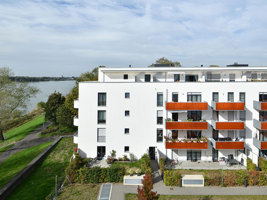 Ein weißes Wohnhaus mit orangefarbenen Balkonen überblickt den Rhein, daneben führen Wege durch eine grüne Uferlandschaft.