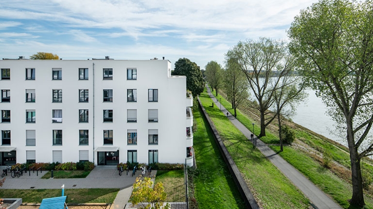 Weißes Wohnhaus am Rhein mit Grünanlage, Uferweg und großem Baumbestand bei leichtem Himmel.