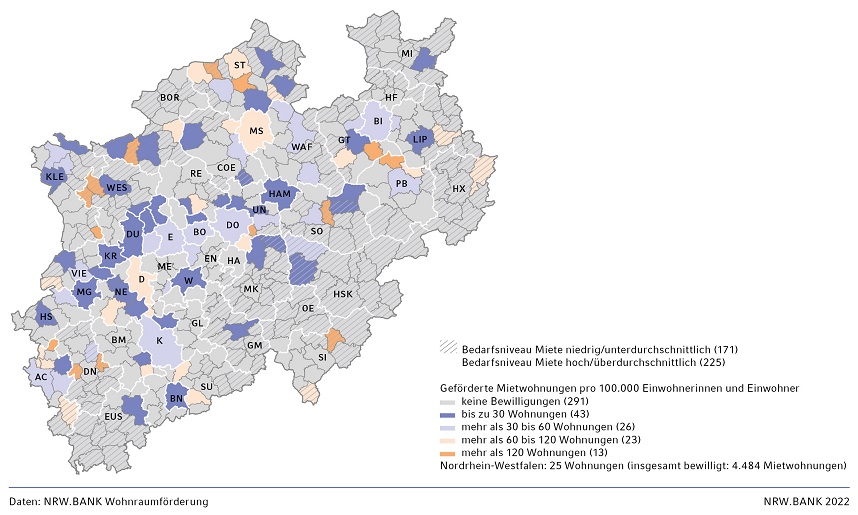 Karte auf Ebene der Gemeinden in Nordrhein-Westfalen. Landesweit wurden 2021 25 Wohnungen je Einwohnerin und Einwohner bewilligt.