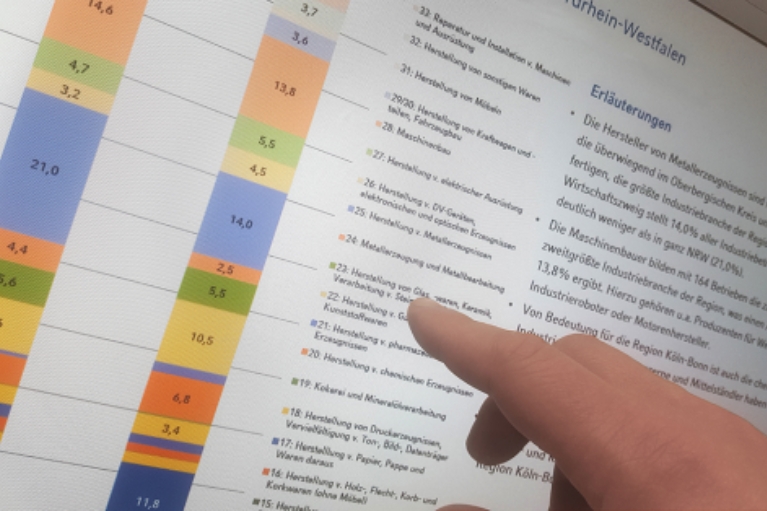 Ausschnitt aus einem wirtschaftlichen Bericht, ein Finger zeigt auf eine Textstelle