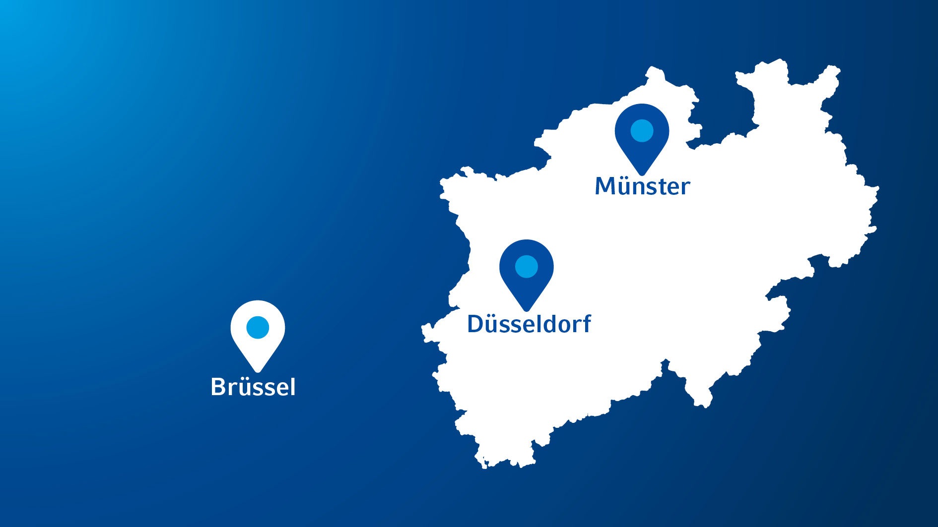 Umriss von NRW, markiert sind Düsseldorf und Münster. Außerhalb von NRW ist Brüssel markiert.