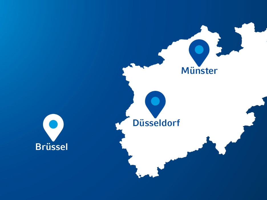 Umriss von NRW, markiert sind Düsseldorf und Münster. Außerhalb von NRW ist Brüssel markiert.