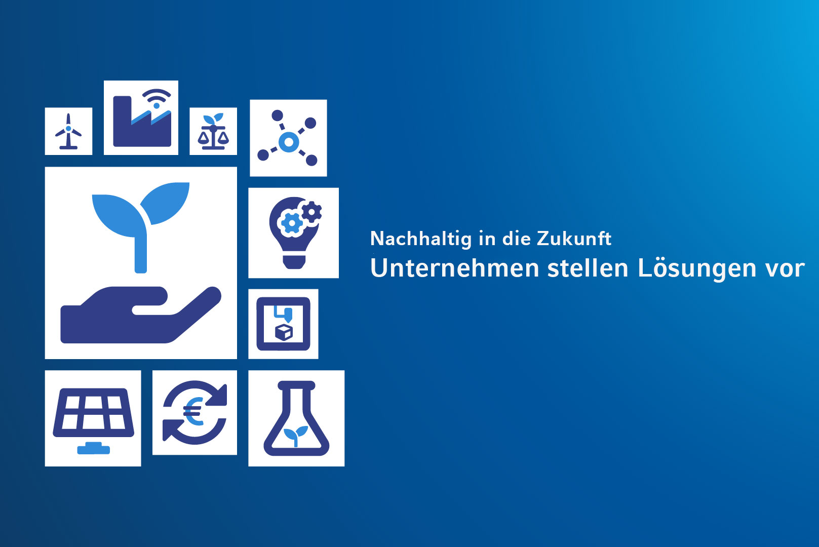 Icons mit verschiedenen Symbolen zu den Bereichen Nachhaltigkeit und Wirtschaft. Daneben steht der Titel der Veranstaltung: 