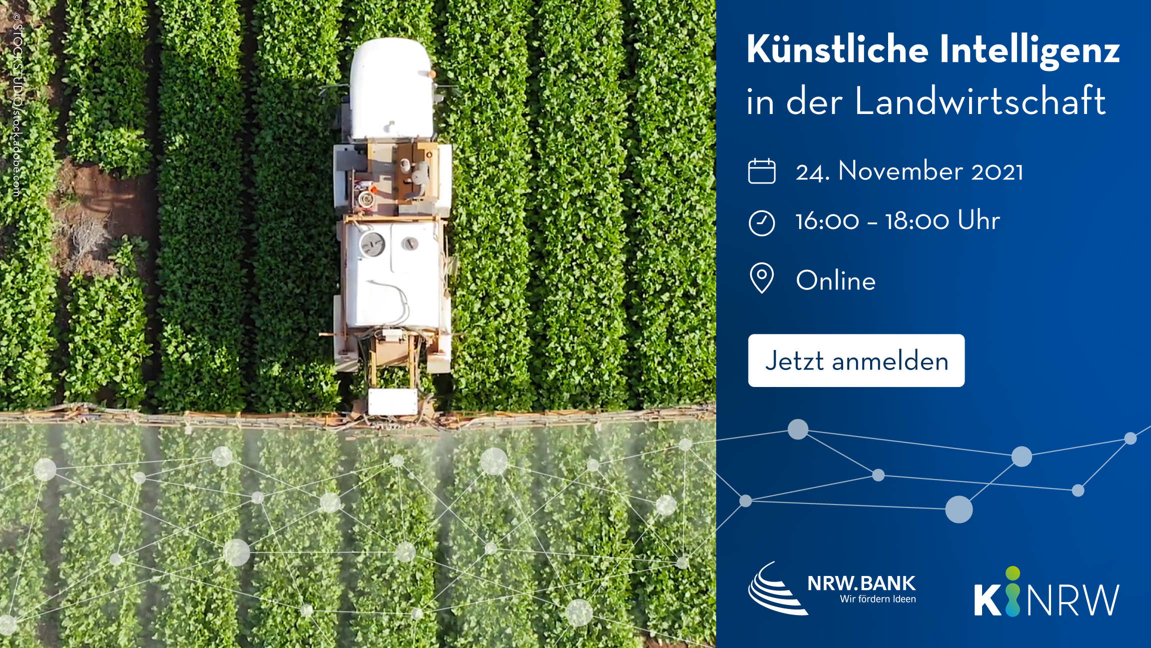 Mit weißer Schrift auf blauem Grund: KI in der Landwirtschaft