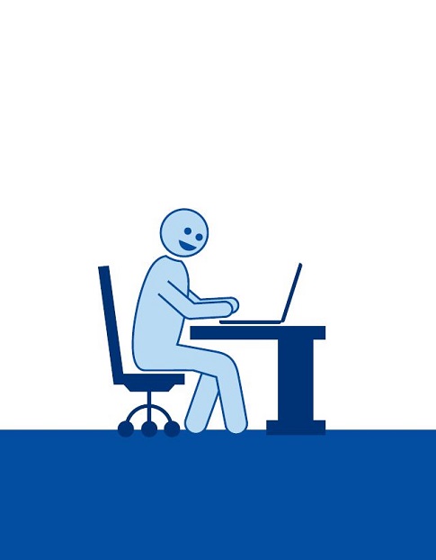 Illustration eines Menschen, der am Schreibtisch sitzt und etwas in den Laptop tippt