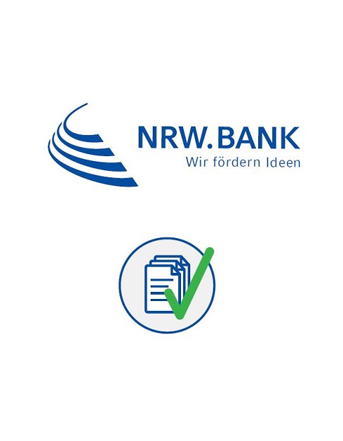Logo der NRW.BANK mit Illustration von Antragsformularen