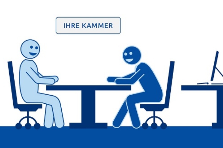 Illustration zweier Menschen an einem Schreibtisch, darüber der Schriftzug Ihre Kammer