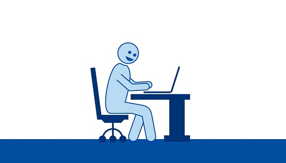 Illustration eines Menschen, der am Schreibtisch sitzt und etwas in den Laptop tippt