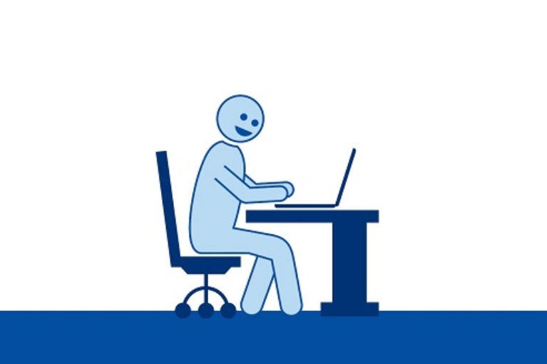 Illustration eines Menschen, der am Schreibtisch sitzt und etwas in den Laptop tippt