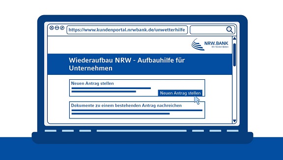 Illustration eines Laptops, auf dem Bildschirm der Text Wiederaufbau NRW - Aufbauhilfe für Unternehmen