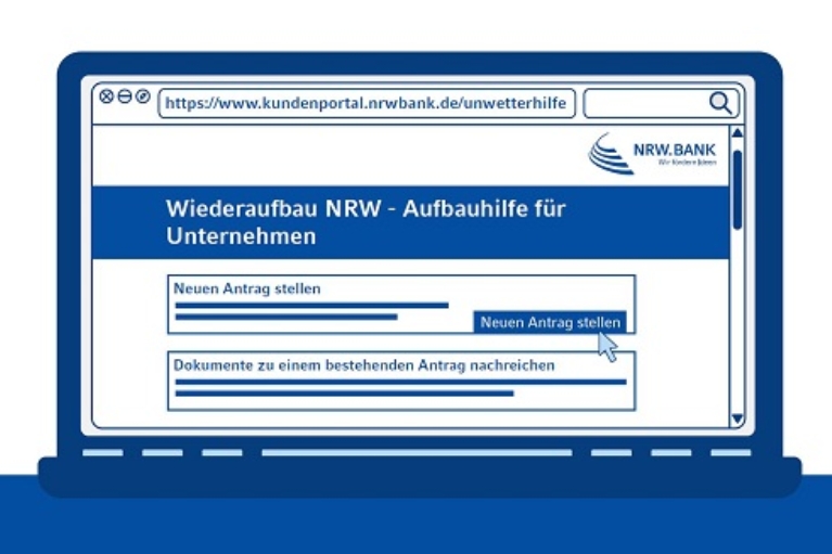 Illustration eines Laptops, auf dem Bildschirm der Text Wiederaufbau NRW - Aufbauhilfe für Unternehmen