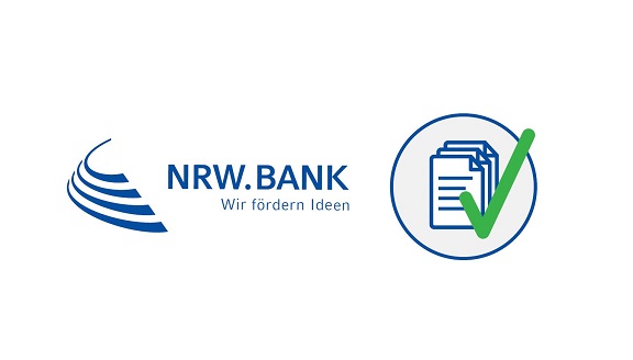 Logo der NRW.BANK mit Illustration von Antragsformularen