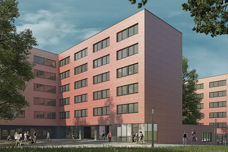 Gebäudekomplex eines Studentenwohnheims mit roter Fassade. Davor ein Platz mit Passanten