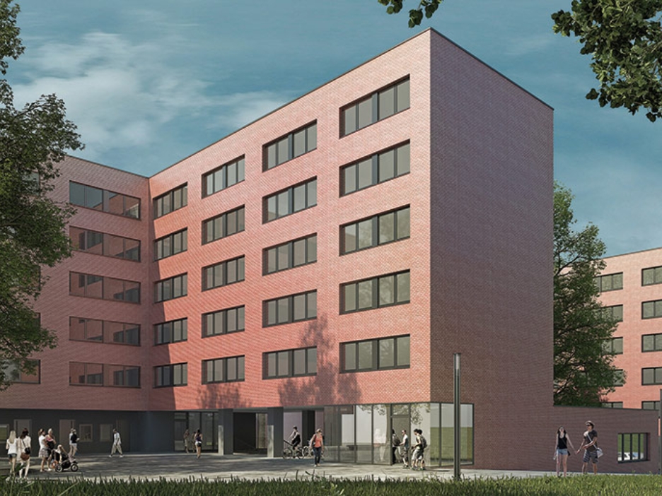 Gebäudekomplex eines Studentenwohnheims mit roter Fassade. Davor ein Platz mit Passanten