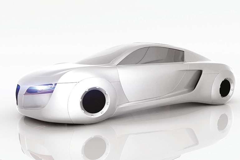 Futuristisches Modell eines E-Autos, ein weißer Sportwagen
