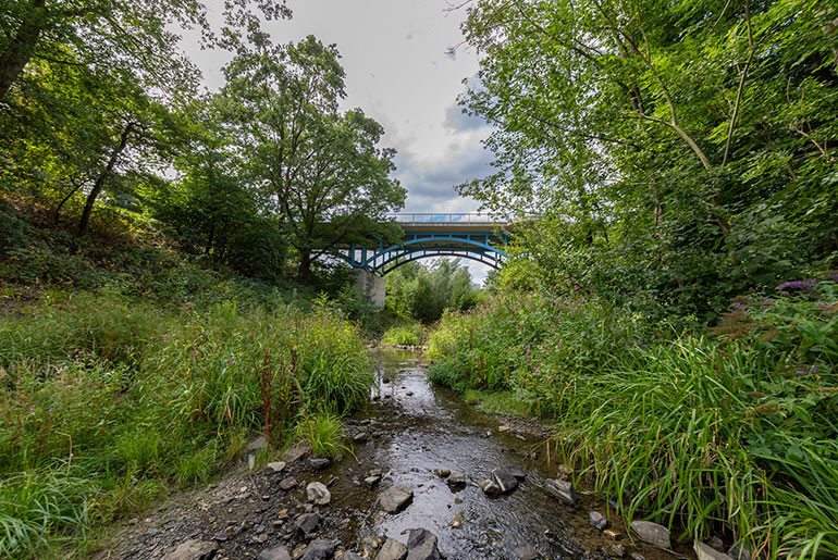 Brücke über den Mühlenbach in Essen-Borbeck mit grün bewachsenen Ufern