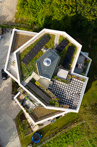Begrüntes Dach mit Photovoltaikanlage aus der Vogelperspektive