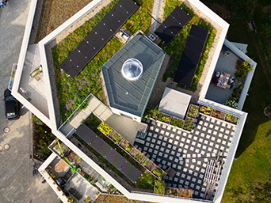 Begrüntes Dach mit Photovoltaikanlage aus der Vogelperspektive