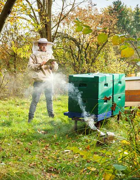 Imker mit Bienenstöcken
