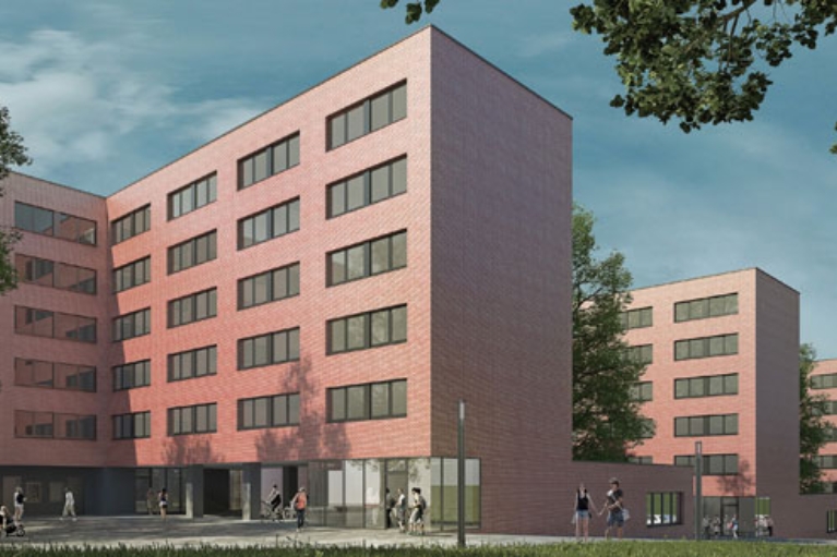 Animation eines Studentenwohnheims mit roter Fassade, davor mehrere Studierende