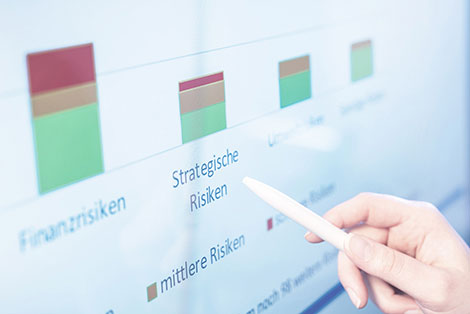 Eine Hand zeigt auf ein Balkendiagramm mit der Aufschrift Strategische Risiken.