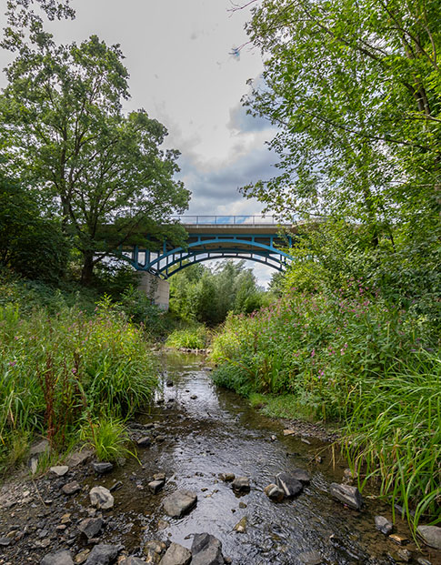 Brücke über den Borbecker Mühlenbach in Essen nach seiner Renaturierung. Grüne Ufer links und rechts