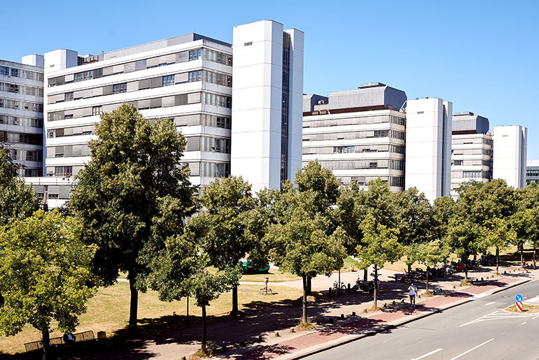 Der Gebäudekomplex der Universität Bielefeld mit einer Straße und Bäumen im Vordergrund