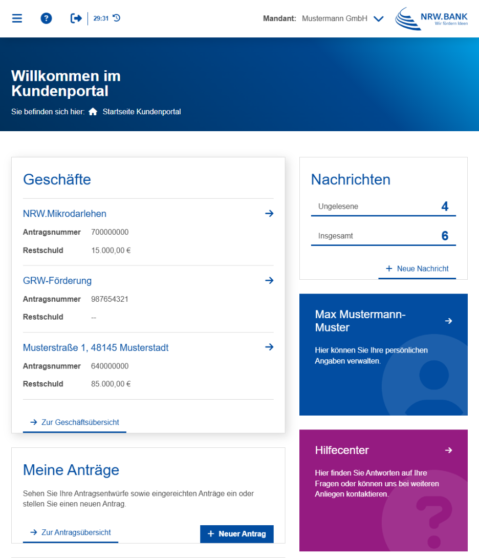 Desktop-Ansicht der Oberfläche des Kundenportals
