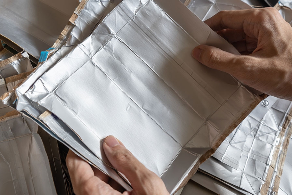 Hände halten auseinander gechnittene, saubere Getränkekartons