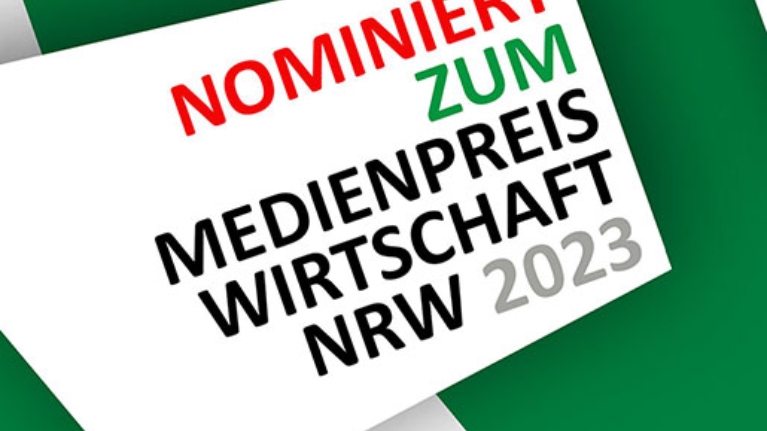 Schriftgrafik: Nominiert zum Medienpreis Wirtschaft NRW 2023