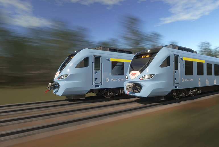 Designentwurf von zwei hellblauen Zügen in einer bewaldeten Landschaft