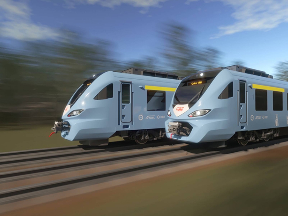 Designentwurf von zwei hellblauen Zügen in einer bewaldeten Landschaft