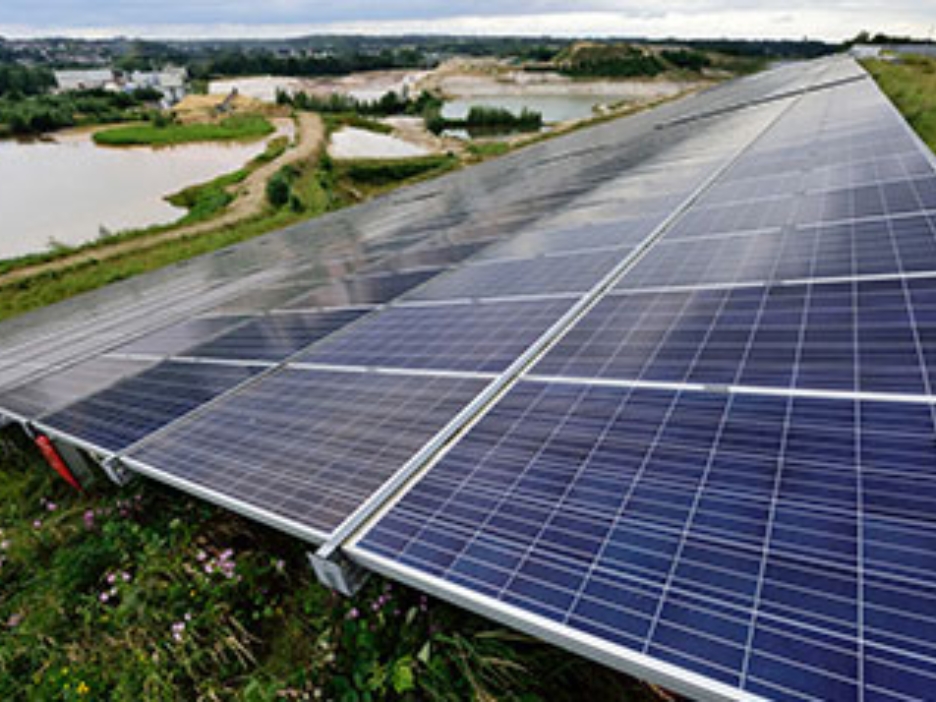Großflächige Solaranlage auf einer Wiese, im Hintergrund ein kleiner See